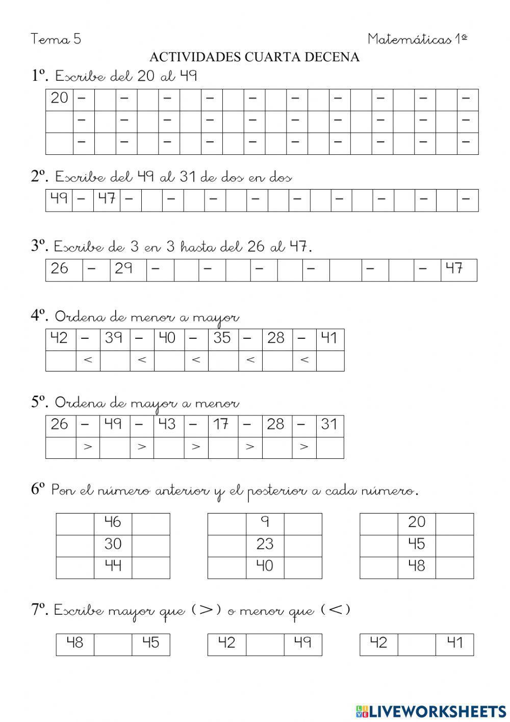 Numeracion cuarta decena