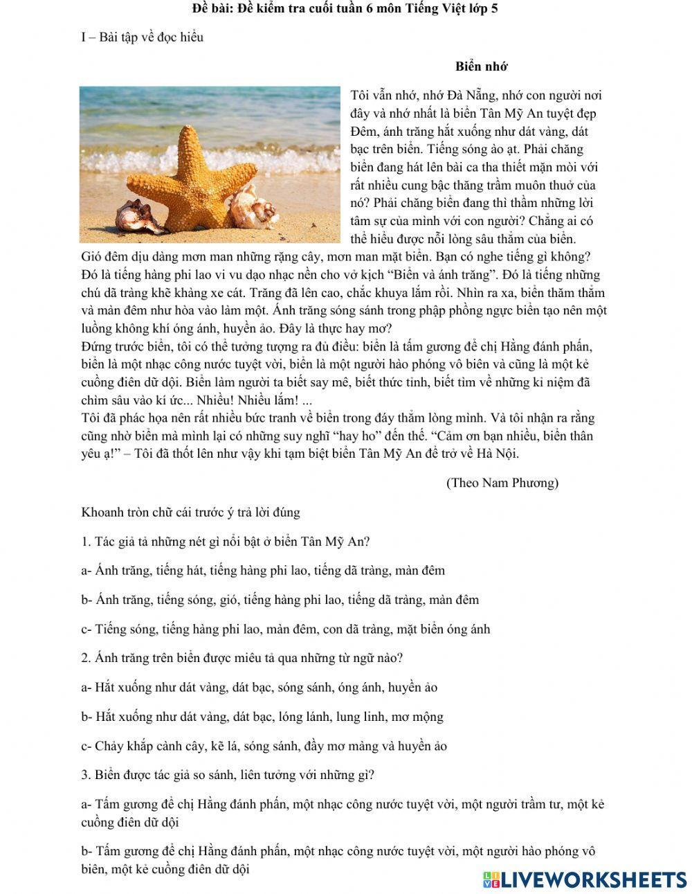 PHIẾU BÀI TẬP CUỐI TUẦN MÔN TIẾNG VIỆT LỚP 5 TUẦN 6