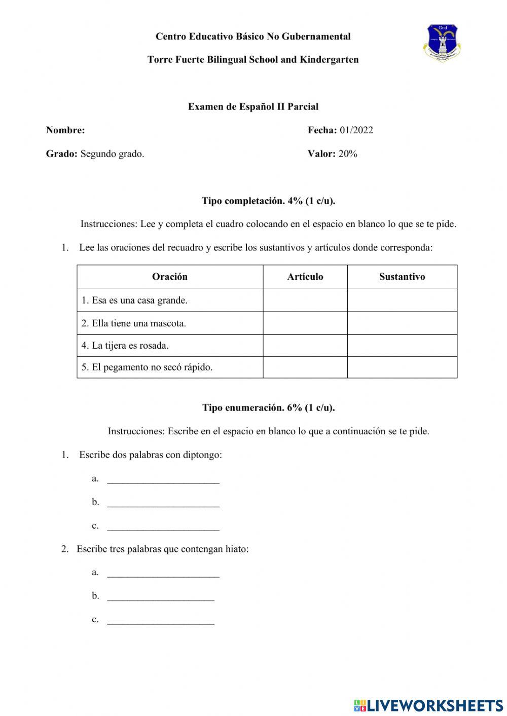 Examen de Español 2°
