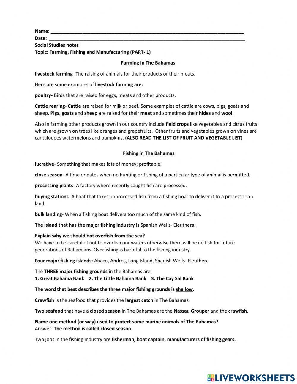 Farming and Fishing in The Bahamas- NOTE- TAKING Farming and Fishing in The Bahamas- NOTE- TAKING