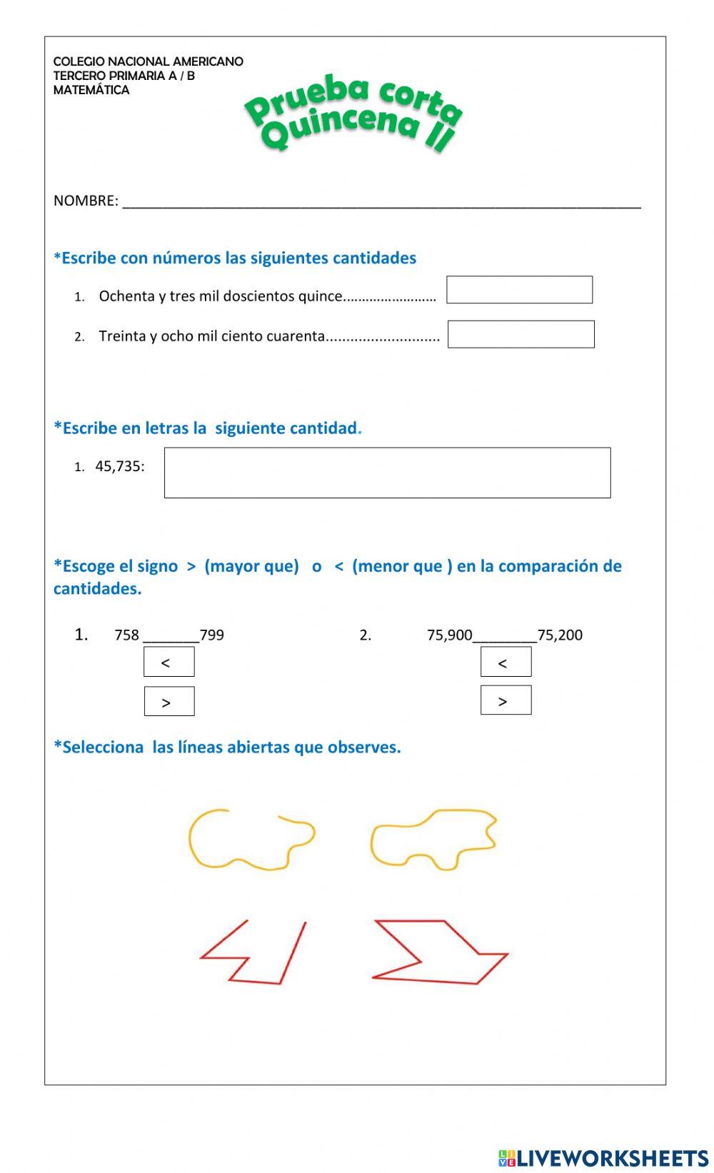 Prueba corta Matemática