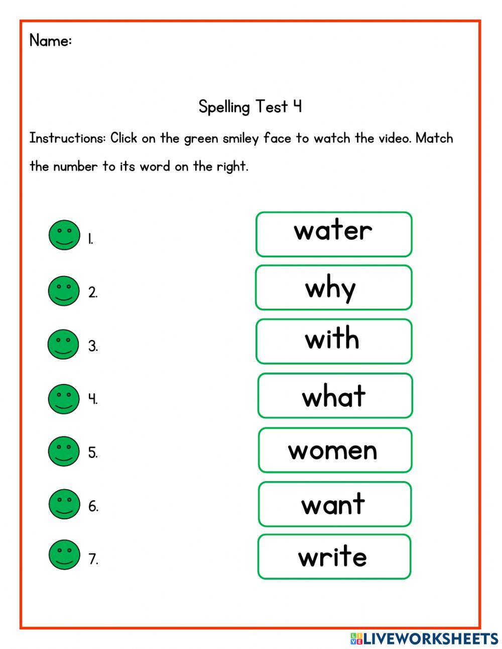 Spelling Tests- Sight words starting with 'w'