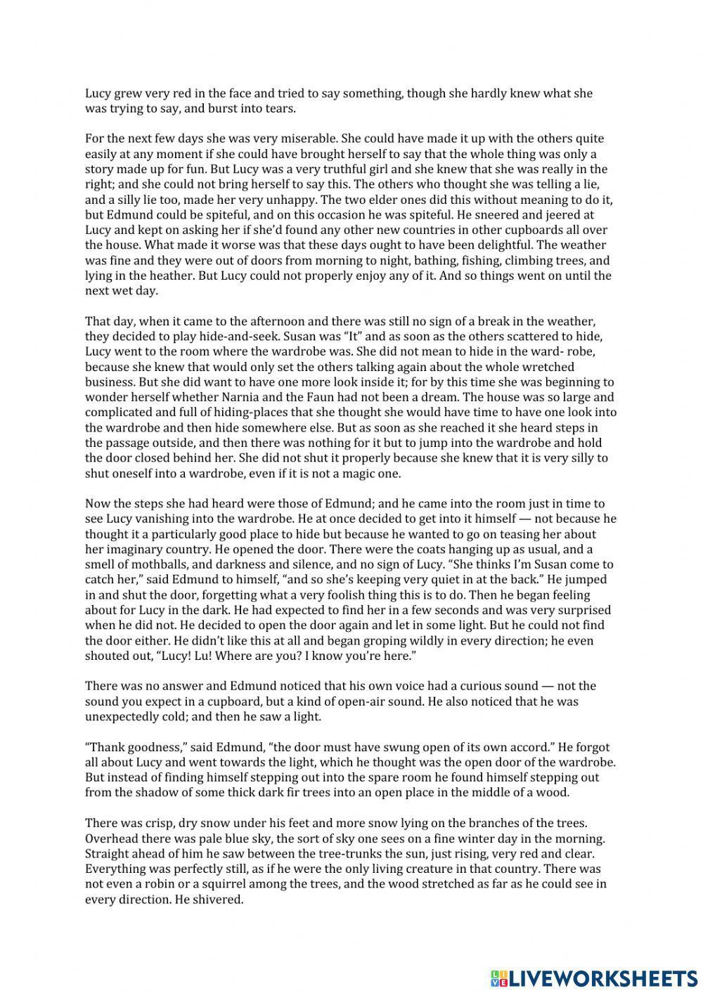 The Lion The Witch and the Wardobe Chapter 3 questions