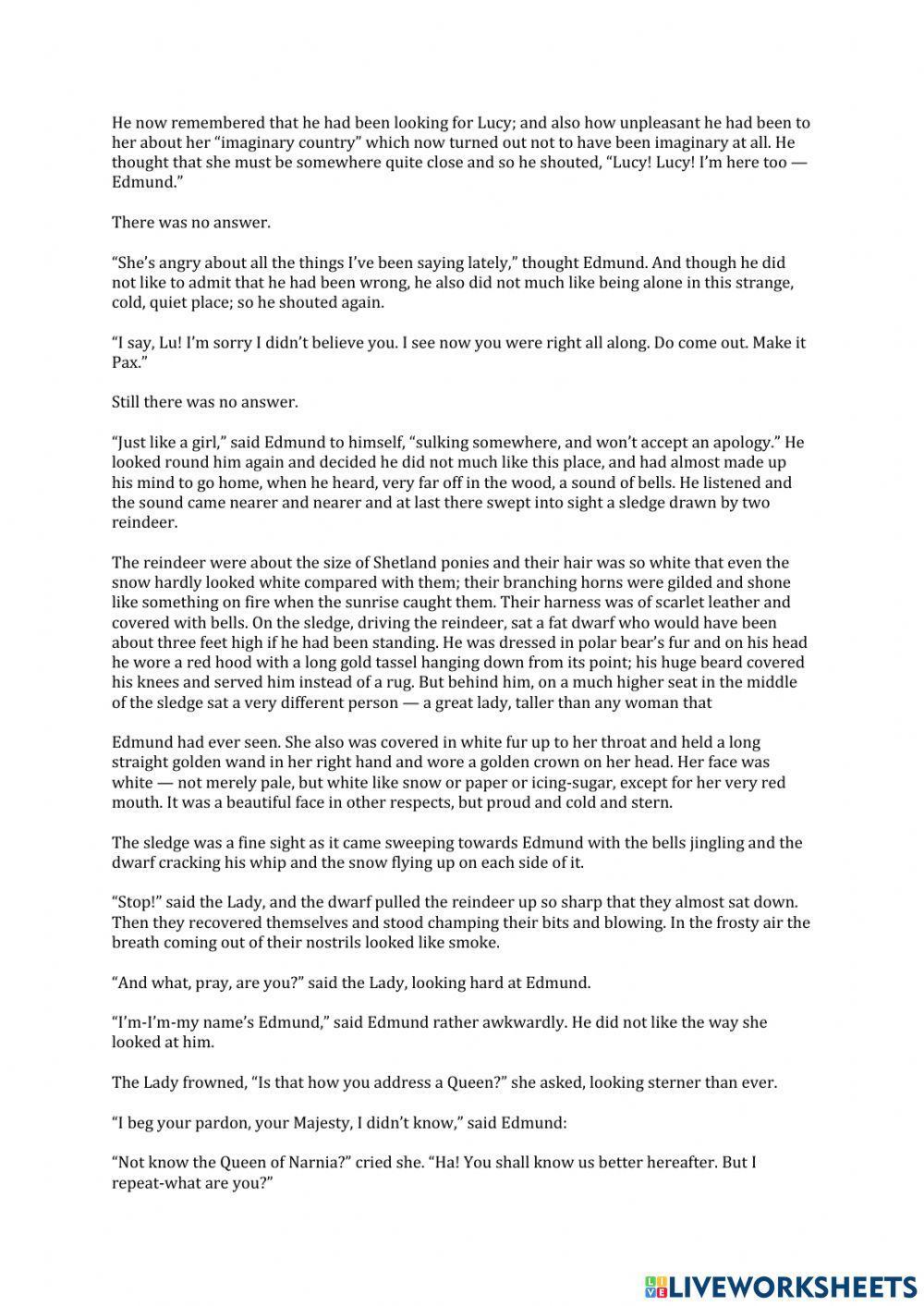 The Lion The Witch and the Wardobe Chapter 3 questions