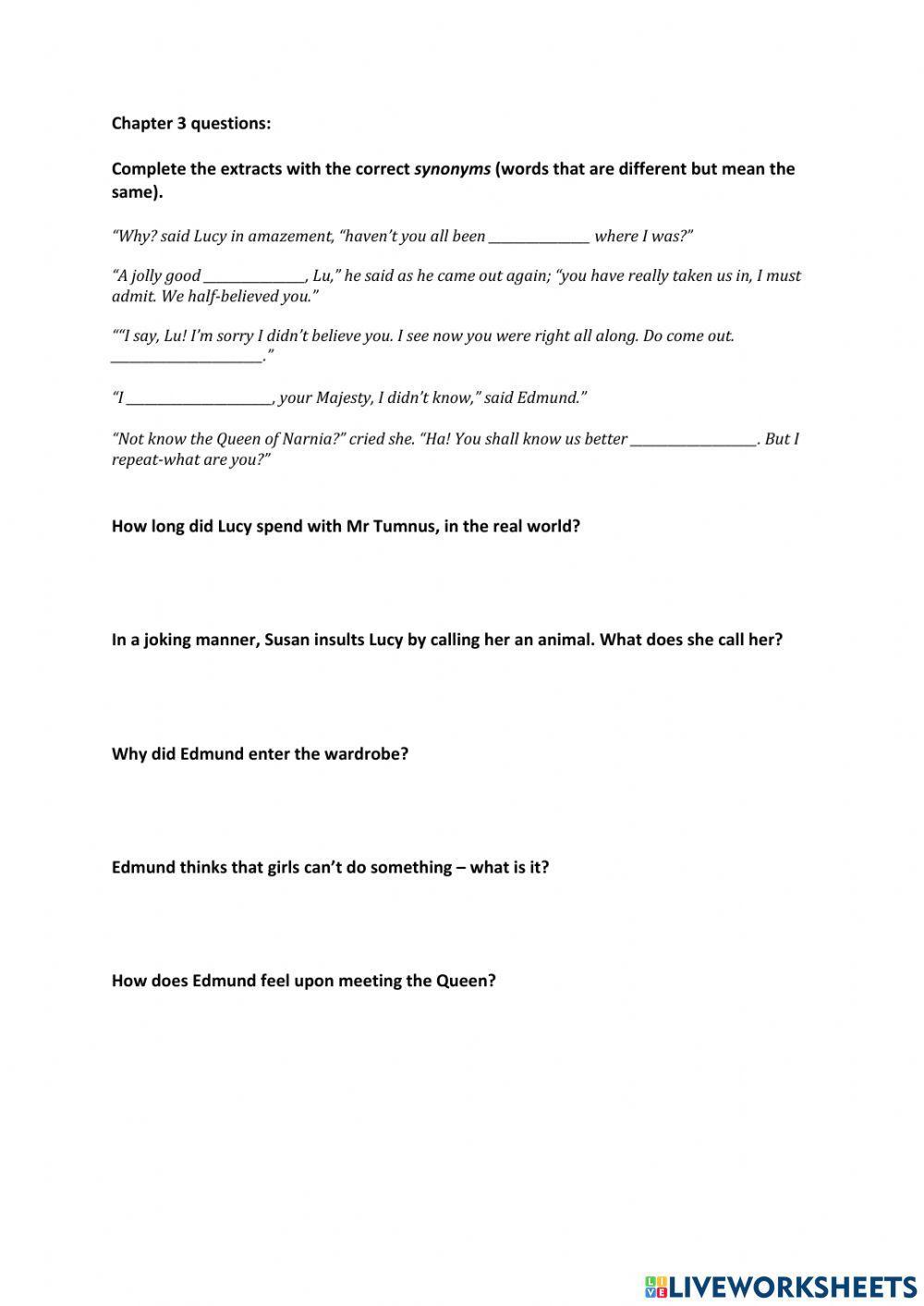 The Lion The Witch and the Wardobe Chapter 3 questions