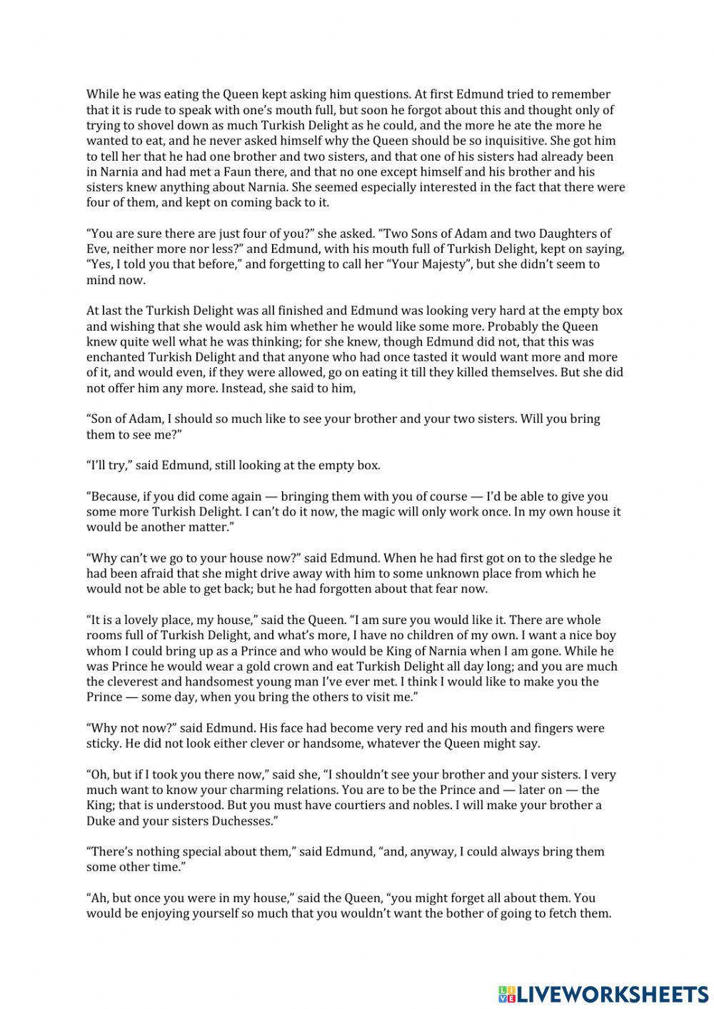 The Lion The Witch and the Wardobe Chapter 4 questions