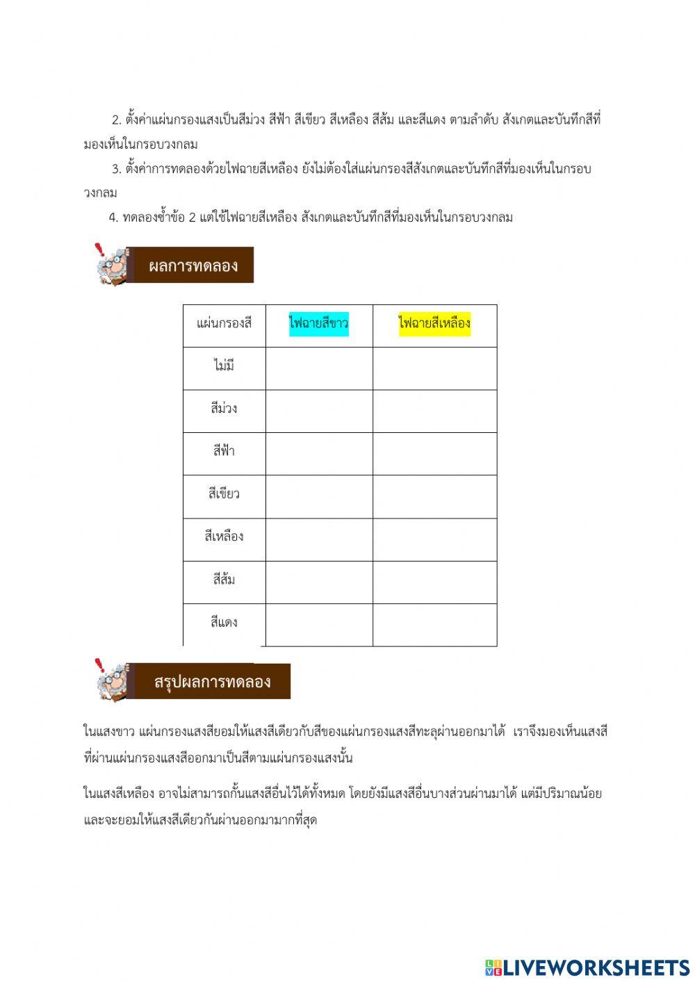 การทดลอง เรื่อง แผ่นกรองสี