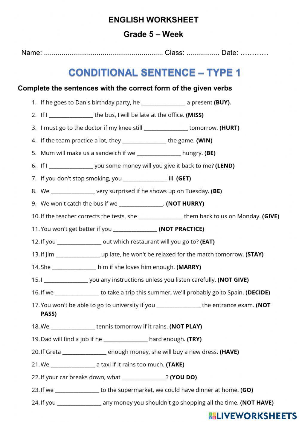 Condition sentences interactive worksheet