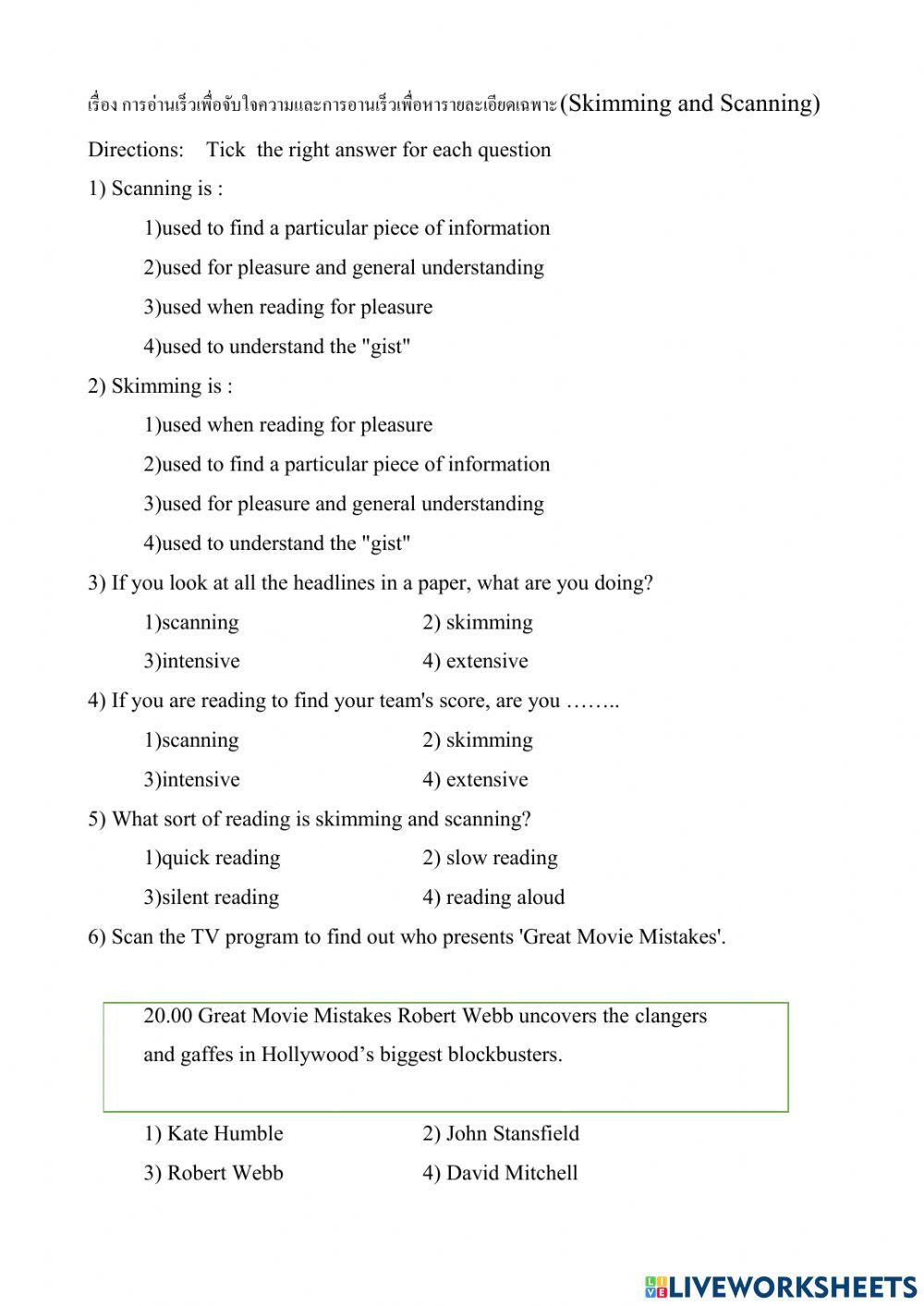 Skimming and Scanning online exercise for Live Worksheets