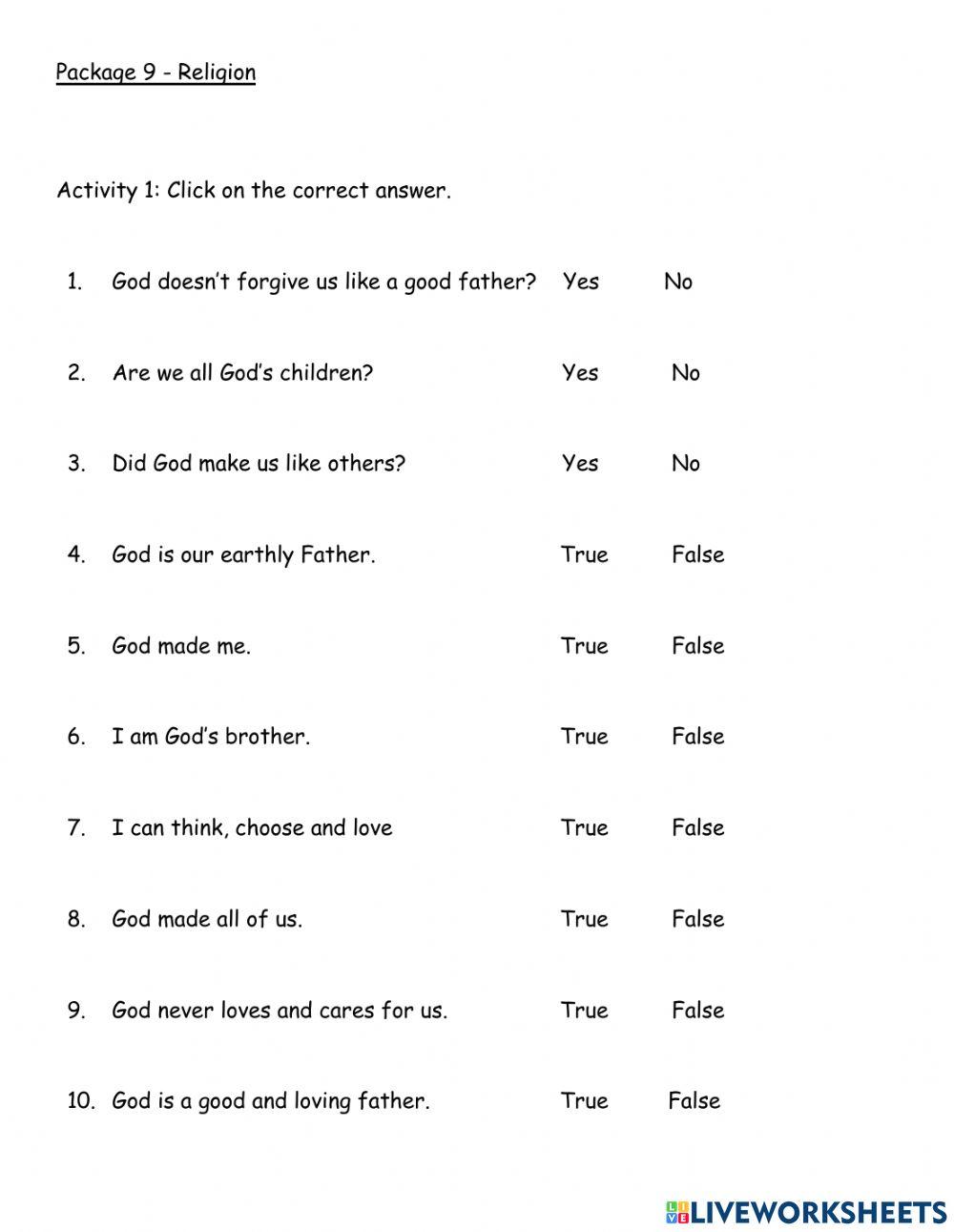 God is a good and caring Father worksheet Live Worksheets