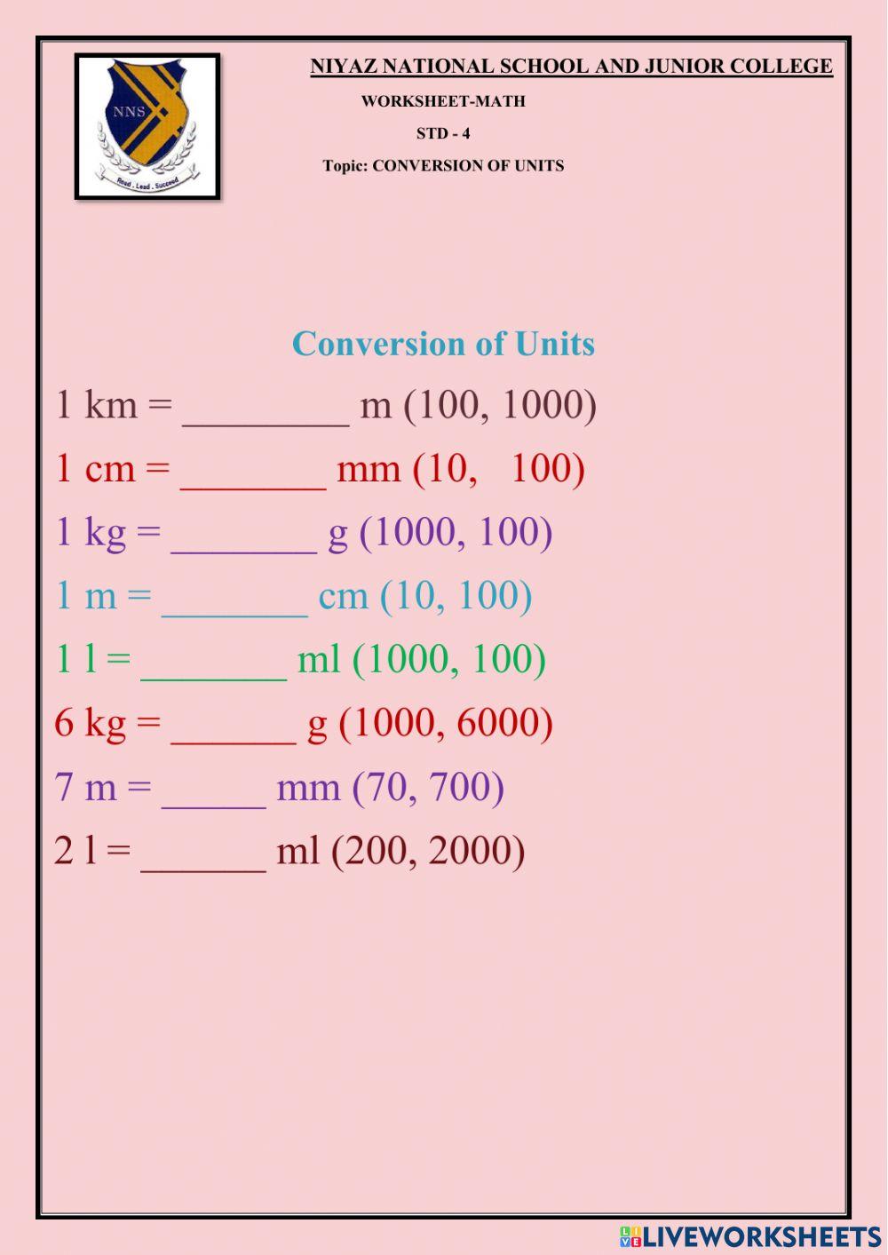 Conversion of units | Live Worksheets