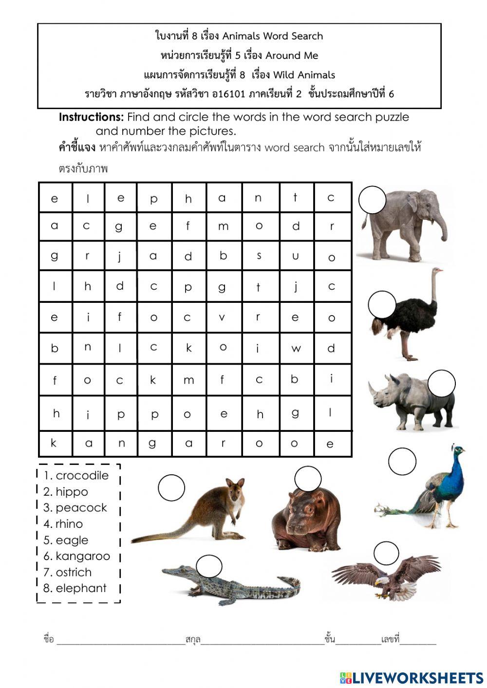 Animals Word Search :Wild Animals