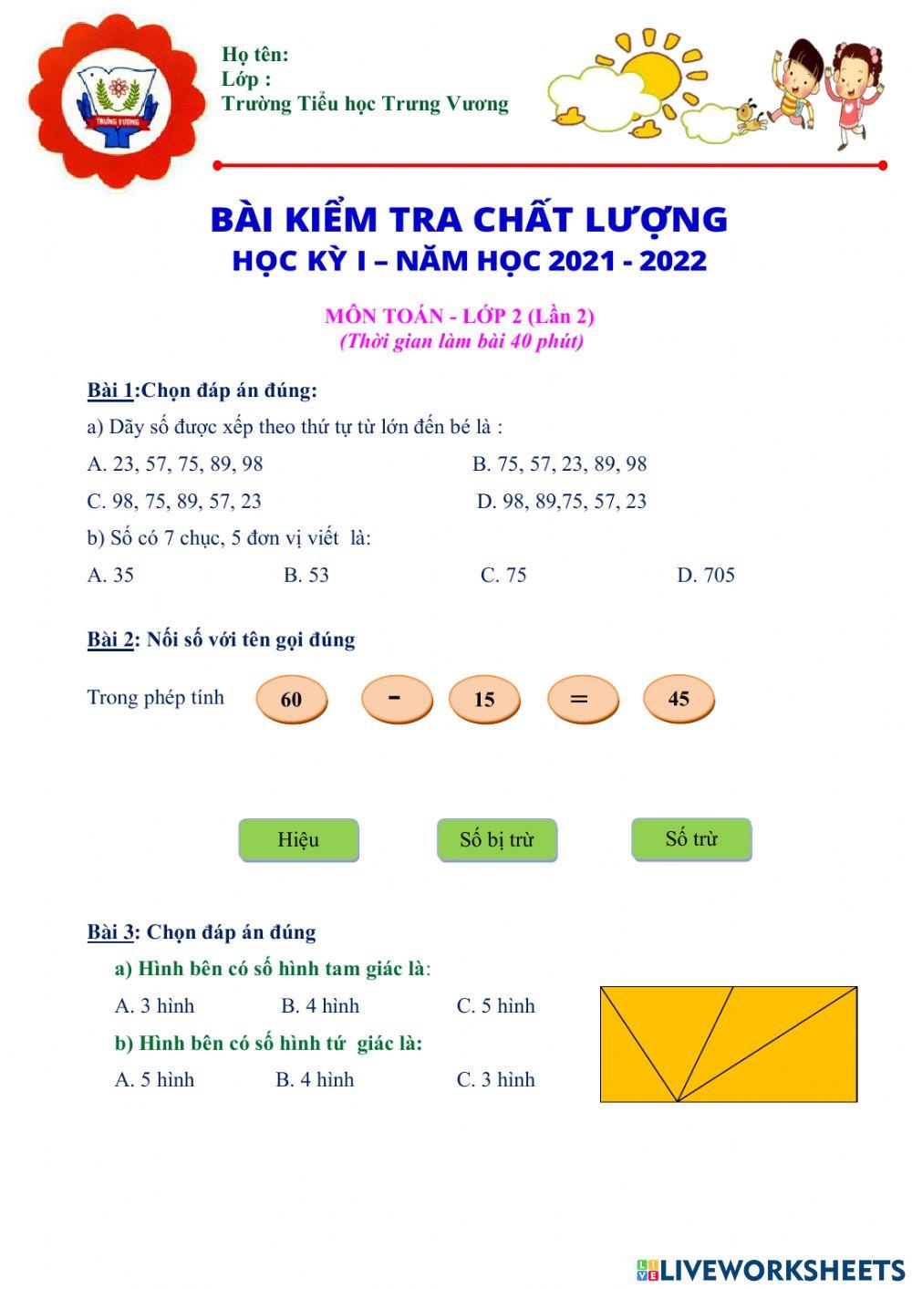 Bài kiểm tra cuối kì 1 lớp 2