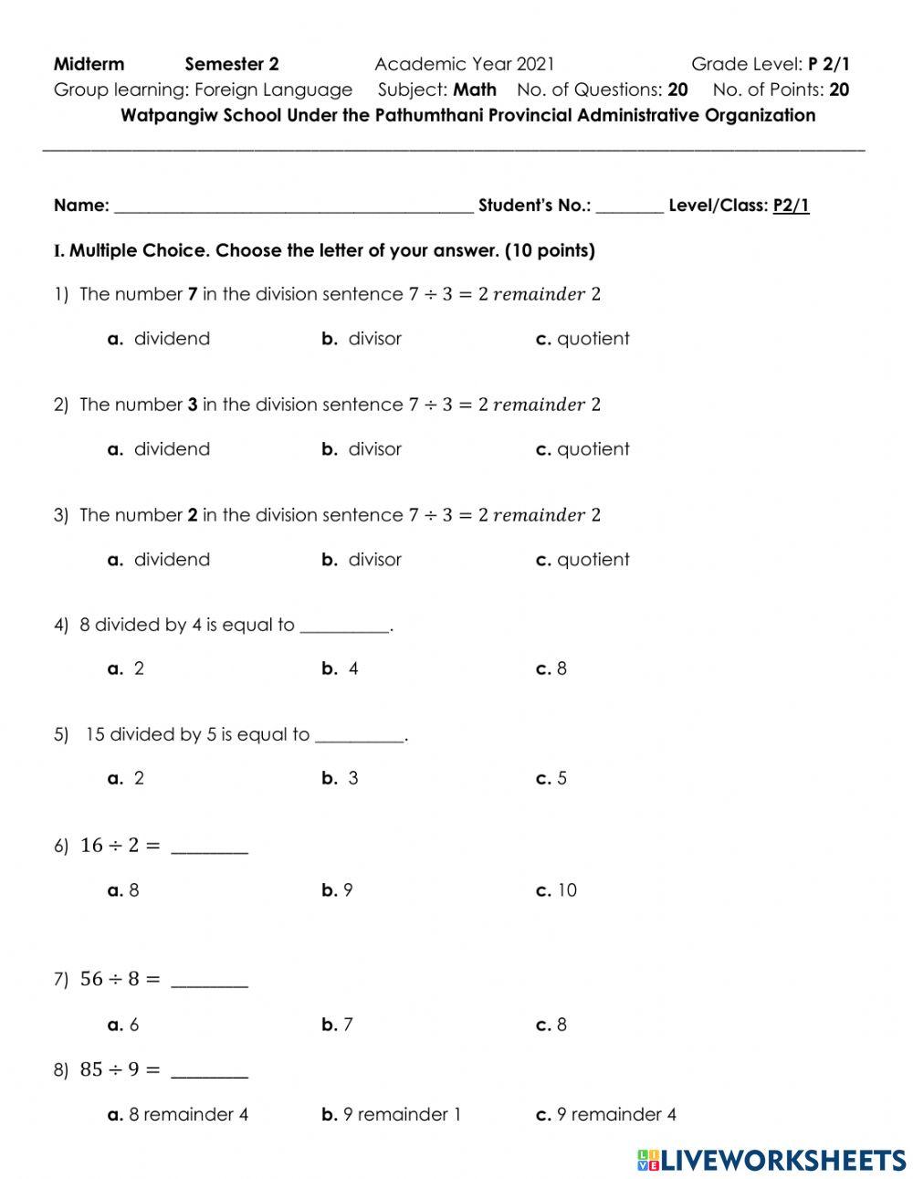 P2-1 Math Midterm Test Semester 2