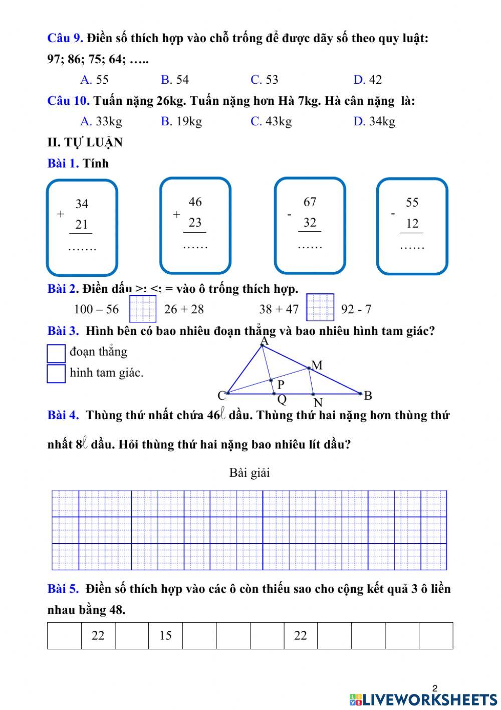 Lớp 2 - Toán - ôn cuối học kì 1