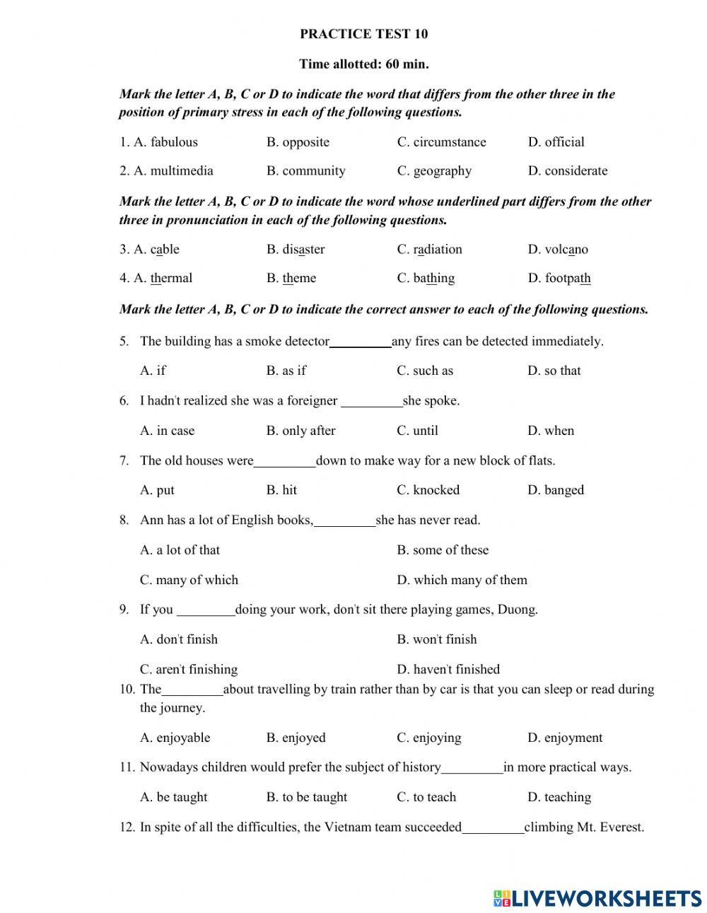Thi lop 10 - PRACTICE TEST 10