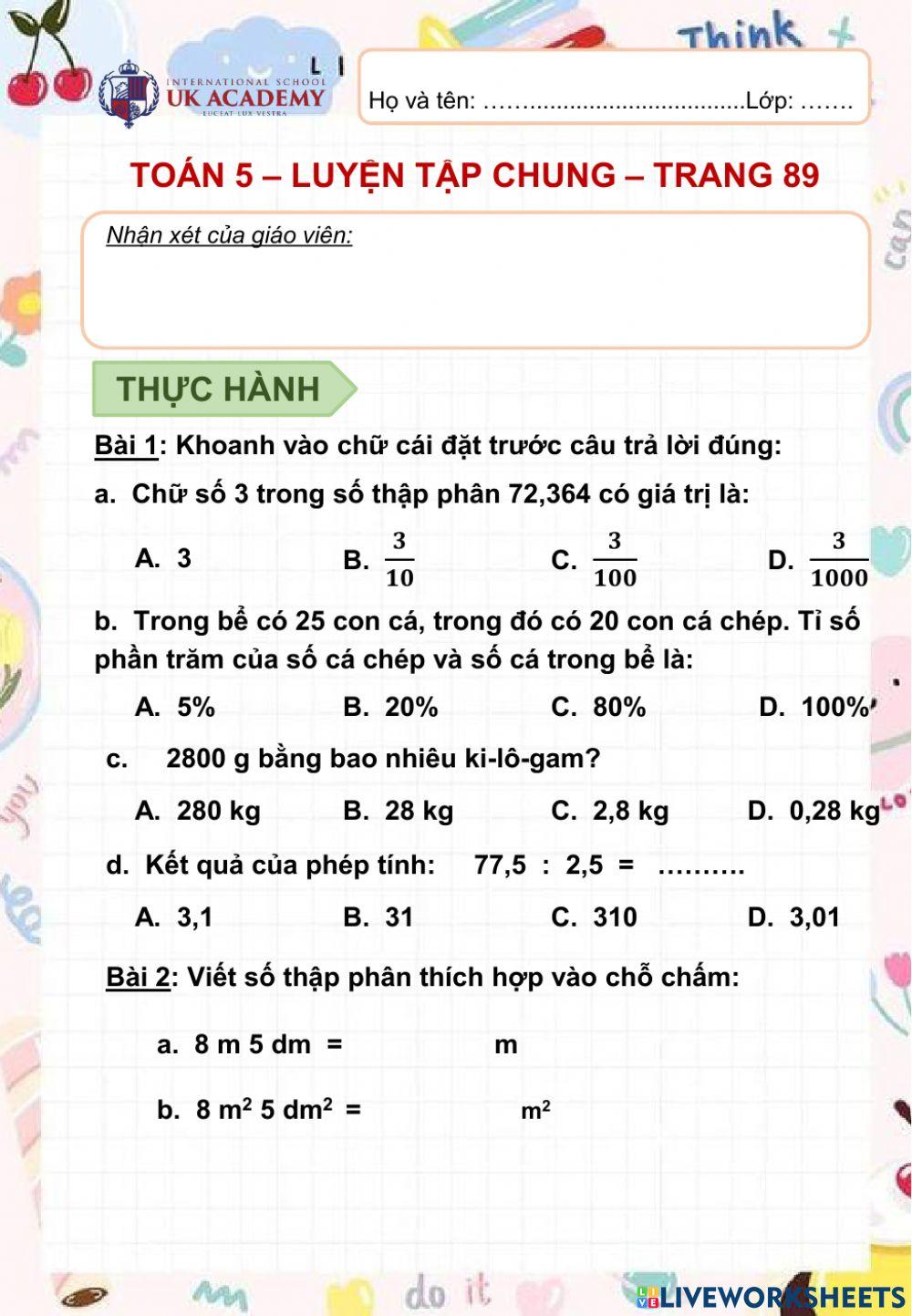 Toán 5 - Luyện tập chung - Trang 89