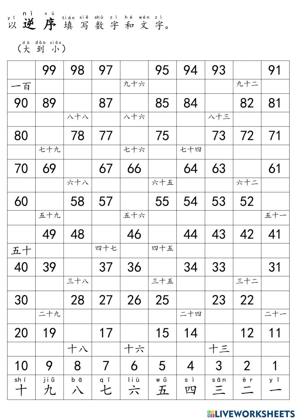 一年级1到100（顺序和逆序）
