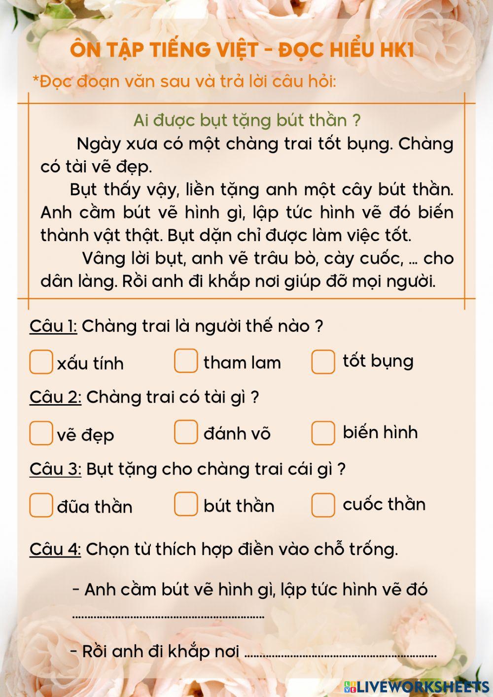 Ôn tập đọc hiểu - cuối HK1