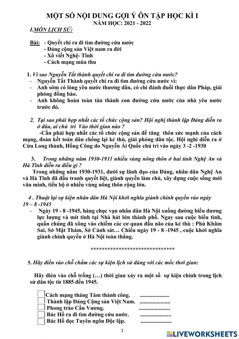 Đề ôn cuối kì môn Lịch sử địa lý