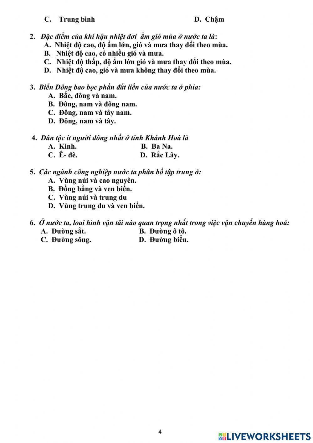 Đề ôn cuối kì môn Lịch sử địa lý