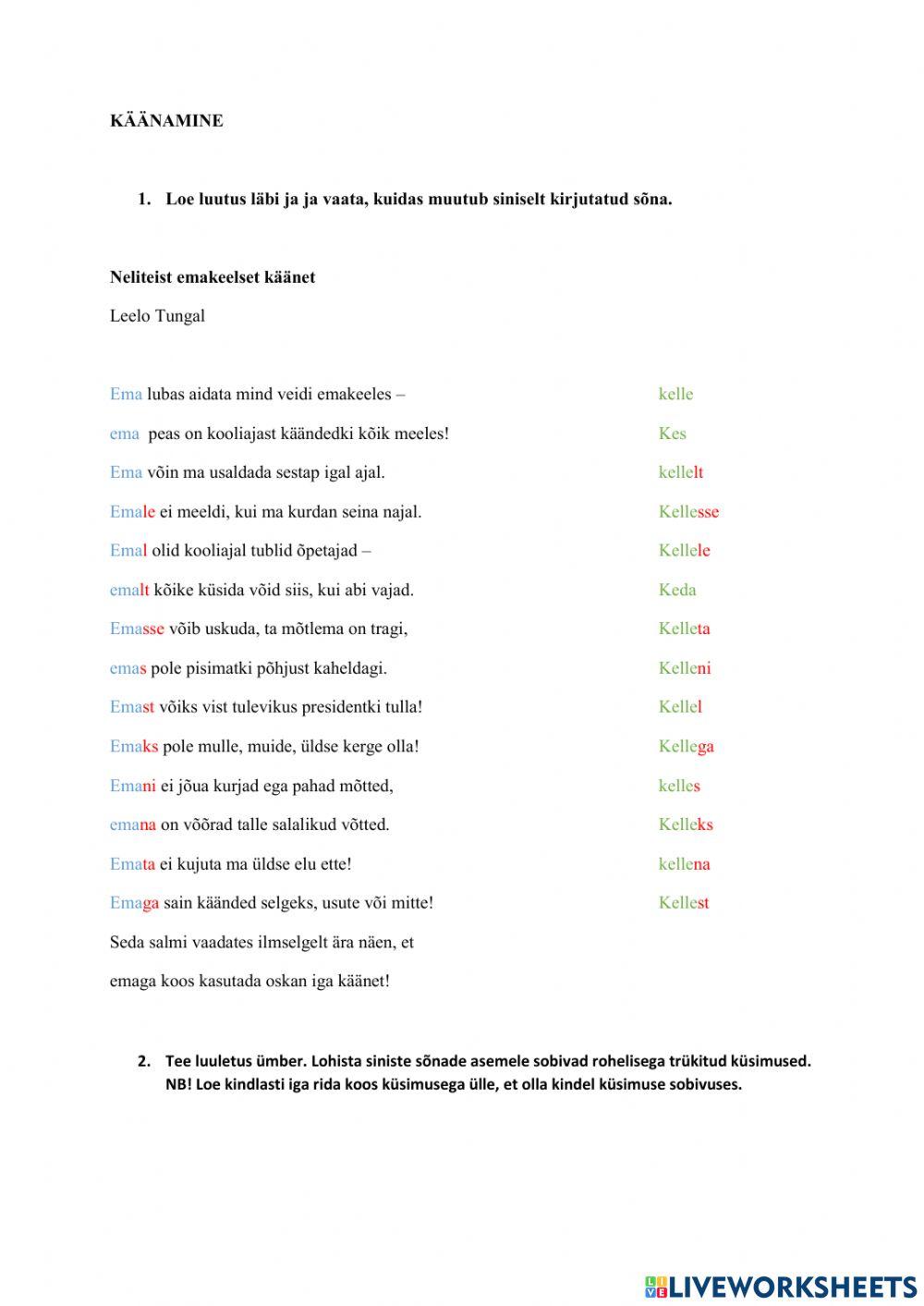 Käänamine Leelo Tungla luuletuse abil, 3. klass