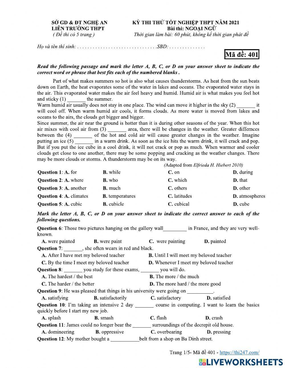Mock test - Liên trường Nghệ An