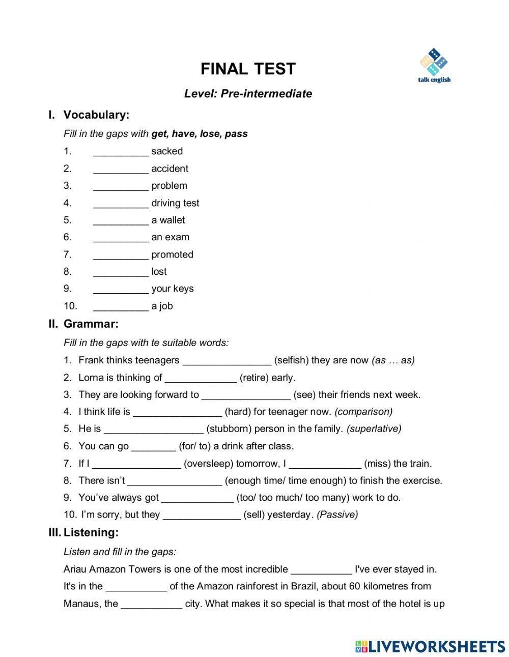 FINAL TEST Level: Pre-intermediate