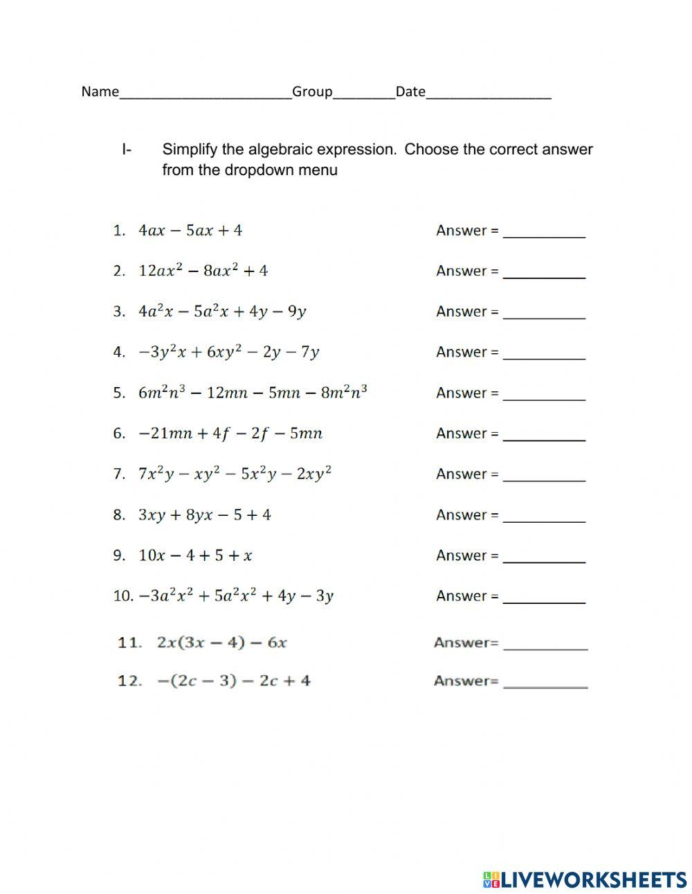 Simplify Algebraic Expressions 5279651 | Cindia Ramirez
