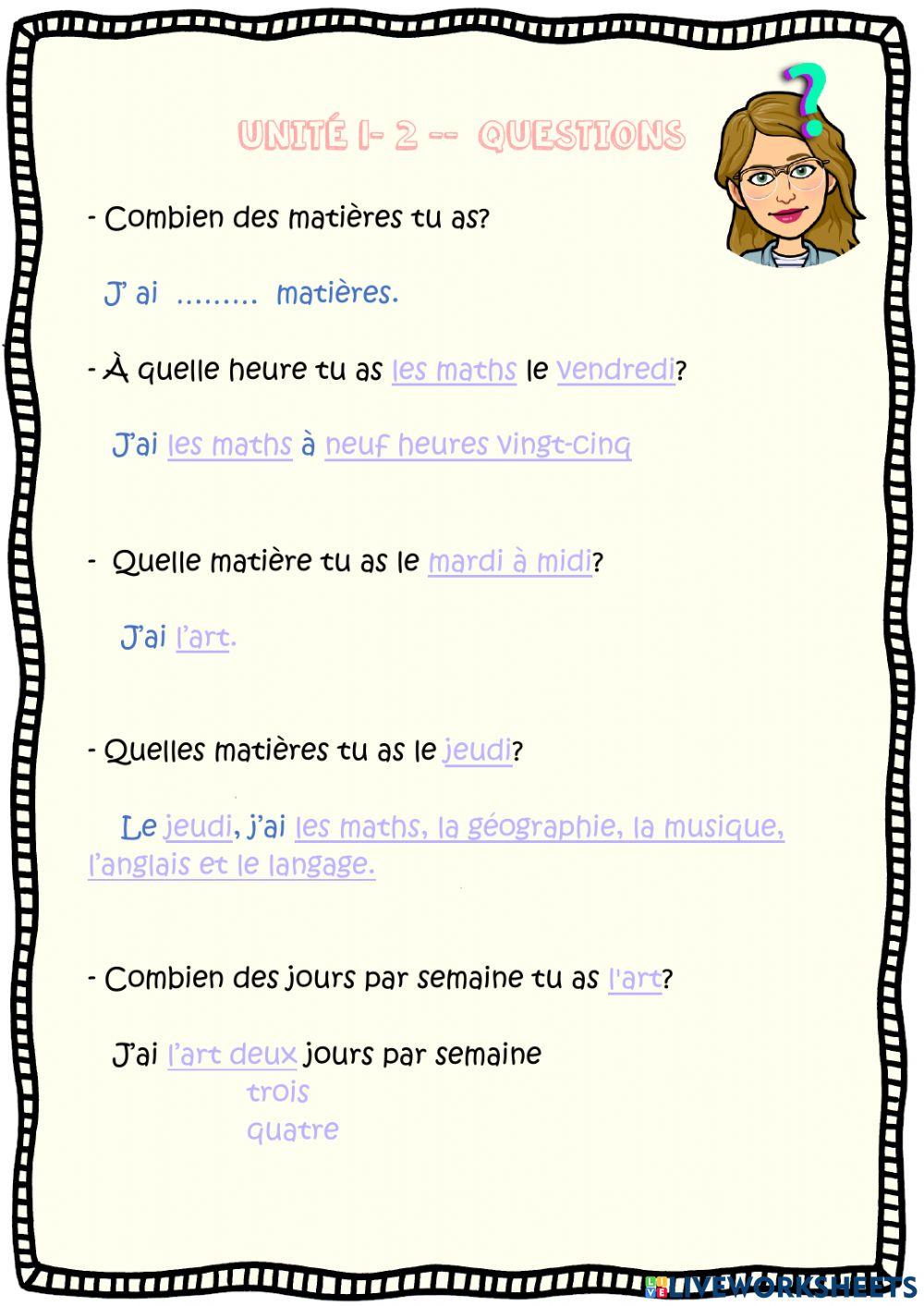 L'emploi du temps - Questions