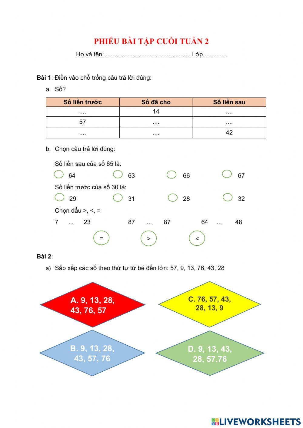 PHIẾU BÀI TẬP CUỐI TUẦN TOÁN LỚP 2 - TUẦN 2