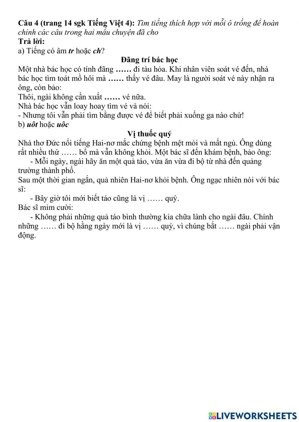 Bài tập chính tả tuần 19+20