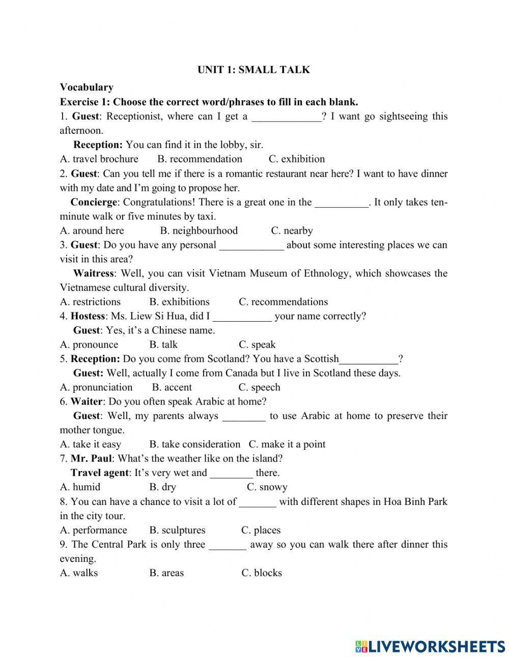 Revision Vocab and Gram-Unit 1-Small Talk