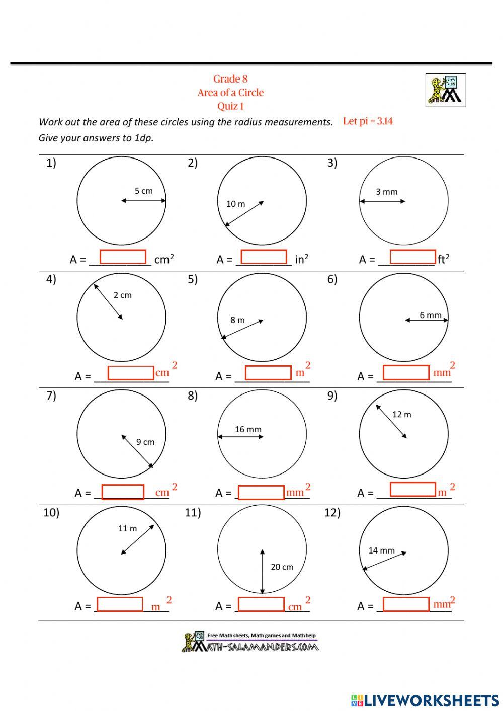 Grade 8 area of a circle quiz 1 2682863