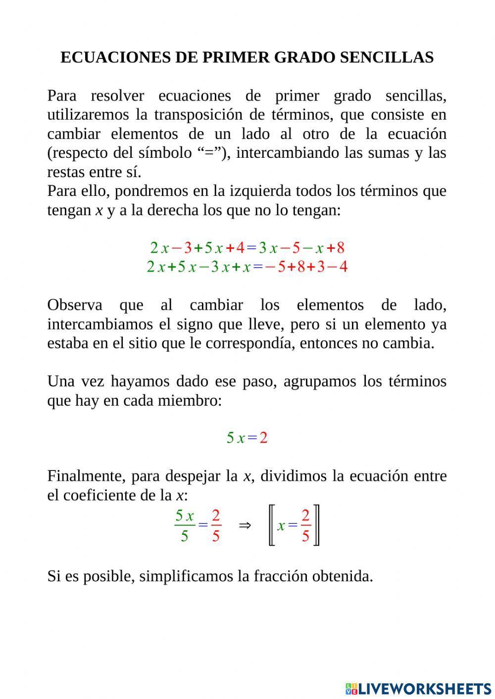 Ecuaciones de primer grado sencillas