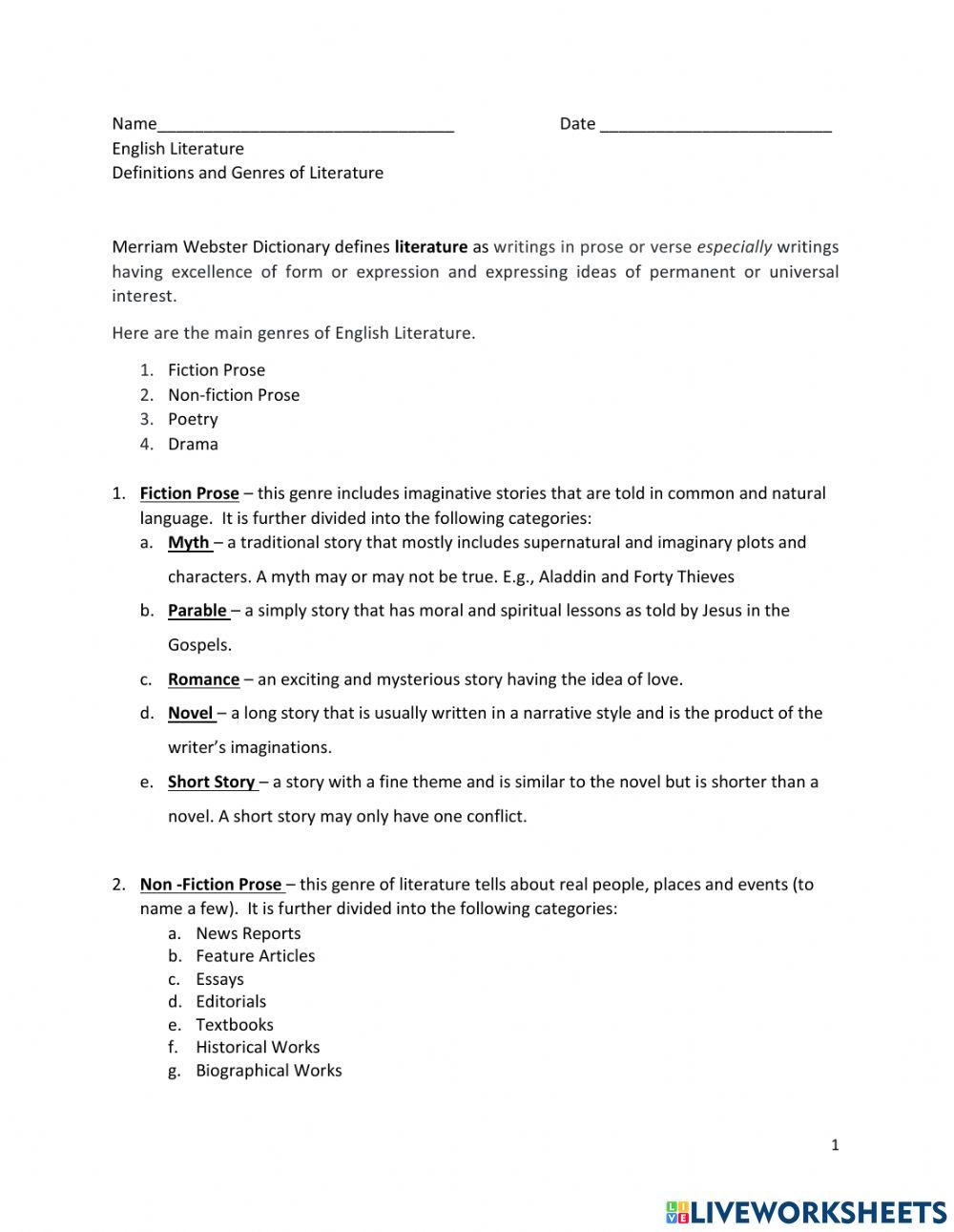 Definitions and Genres of Literature worksheet Live Worksheets