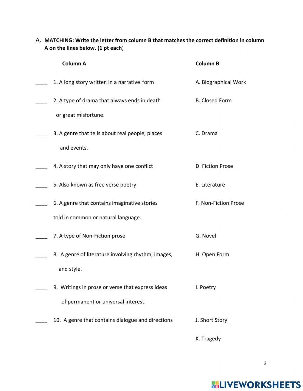 Definitions and Genres of Literature worksheet Live Worksheets