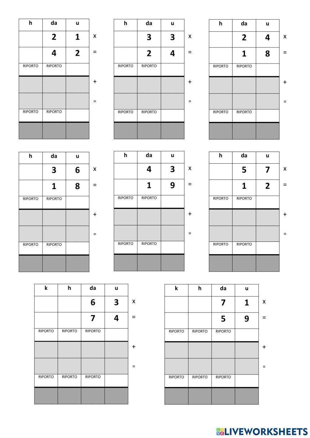 Moltiplicazioni in colonna con due cifre al moltiplicatore