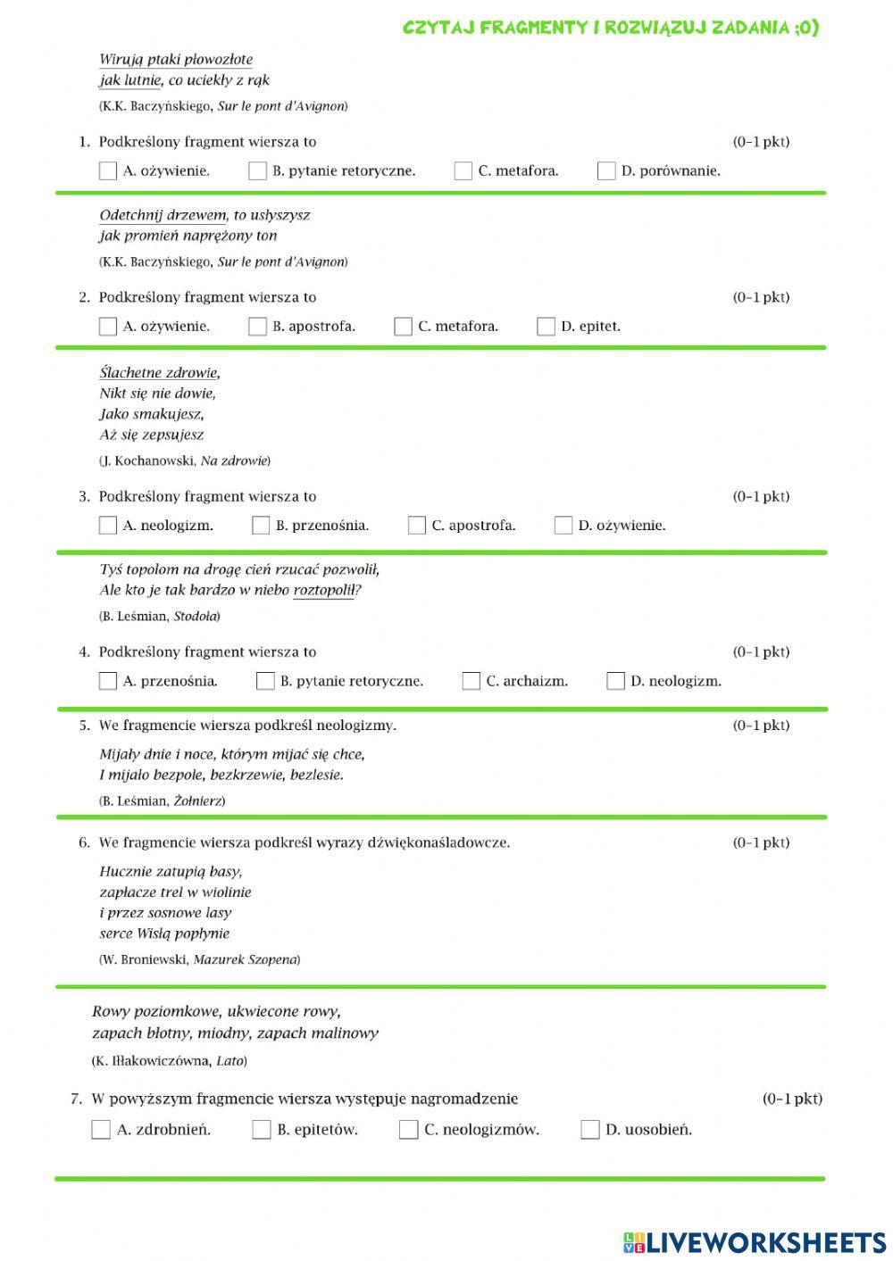 Środki stylistyczne - ćwiczenia powtórzeniowe dla klasy 8