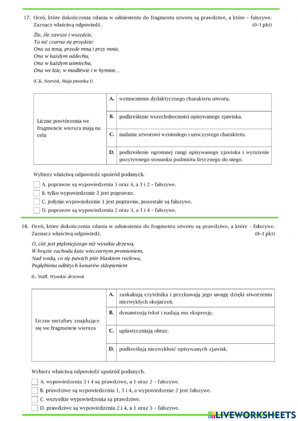 Środki stylistyczne - ćwiczenia powtórzeniowe dla klasy 8