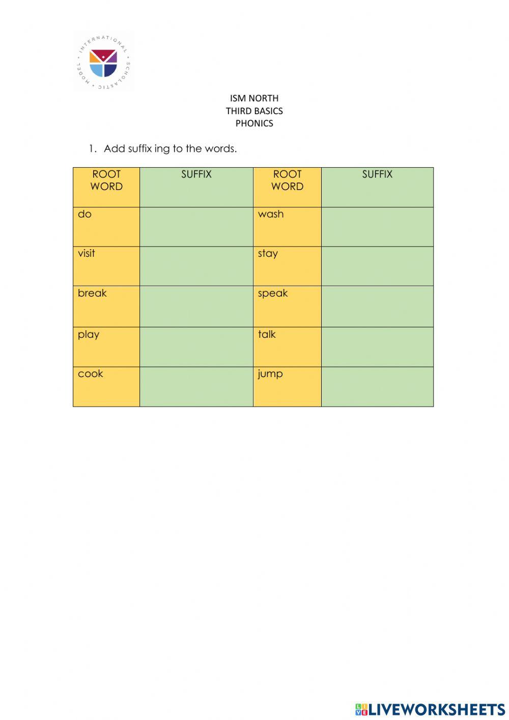 Suffix ing worksheet Live Worksheets