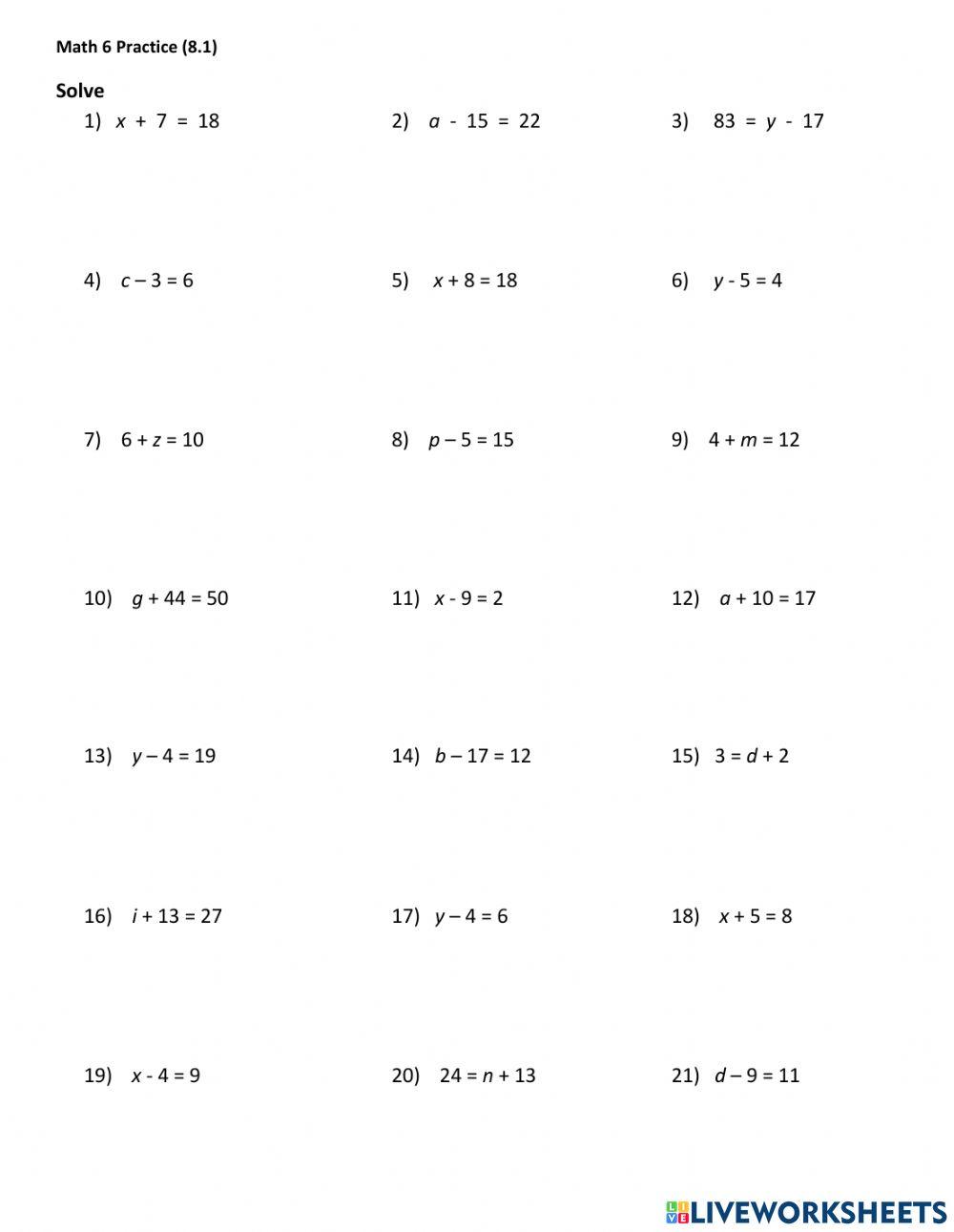 One-step equations (addition and subtraction) worksheet | Live Worksheets one-step-equations-addition-and-subtraction-worksheet-live-worksheets