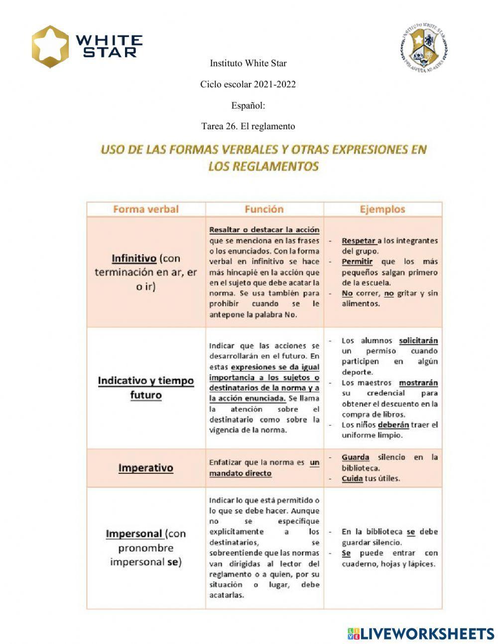 Modos y tiempos verbales de los reglamentos
