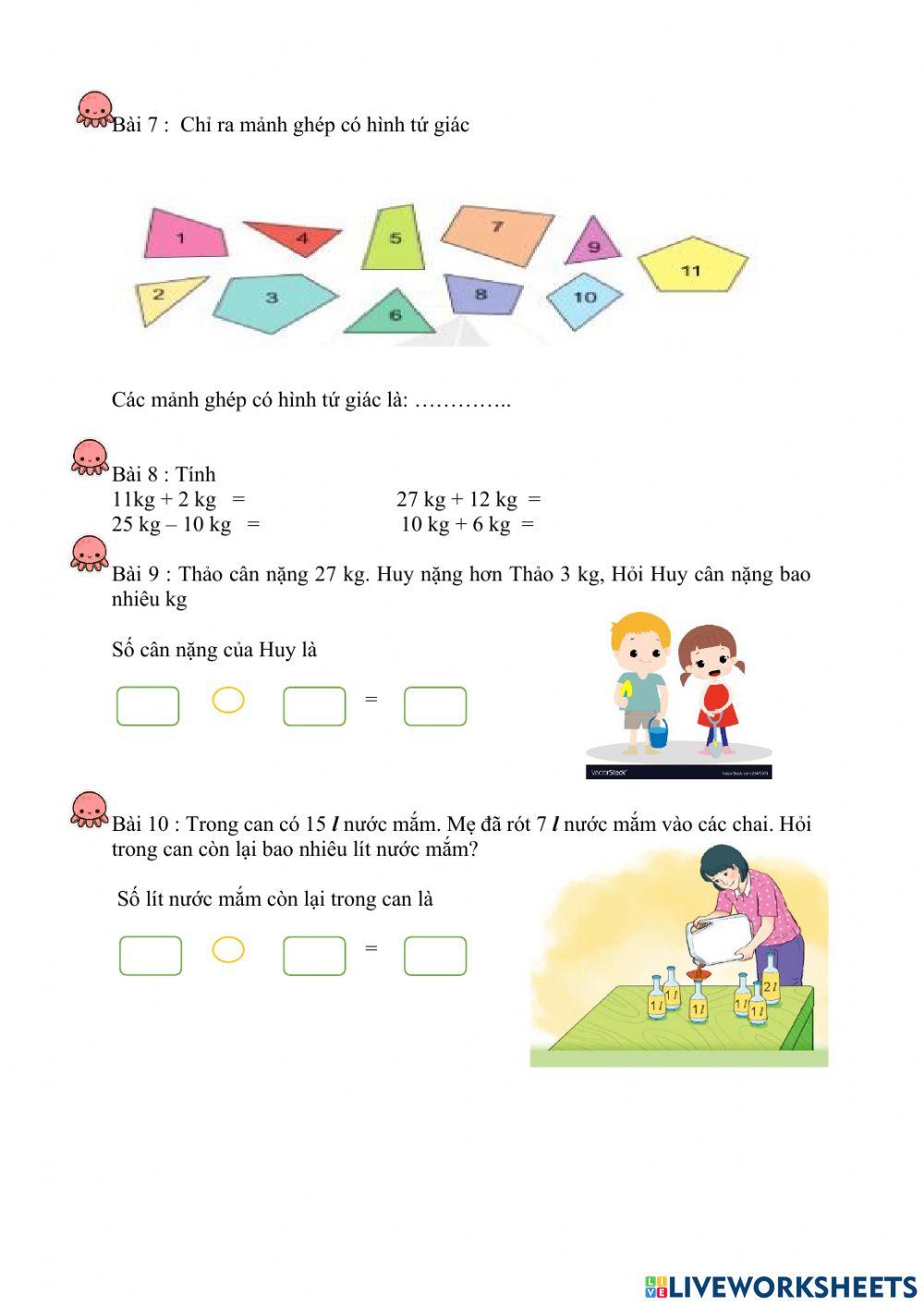 PHIẾU BÀI TẬP CUỐI TUẦN TOÁN LỚP 2 - TUẦN 14