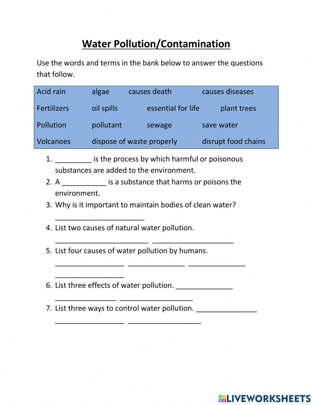 Water pollution worksheet with video online exercise for Live Worksheets