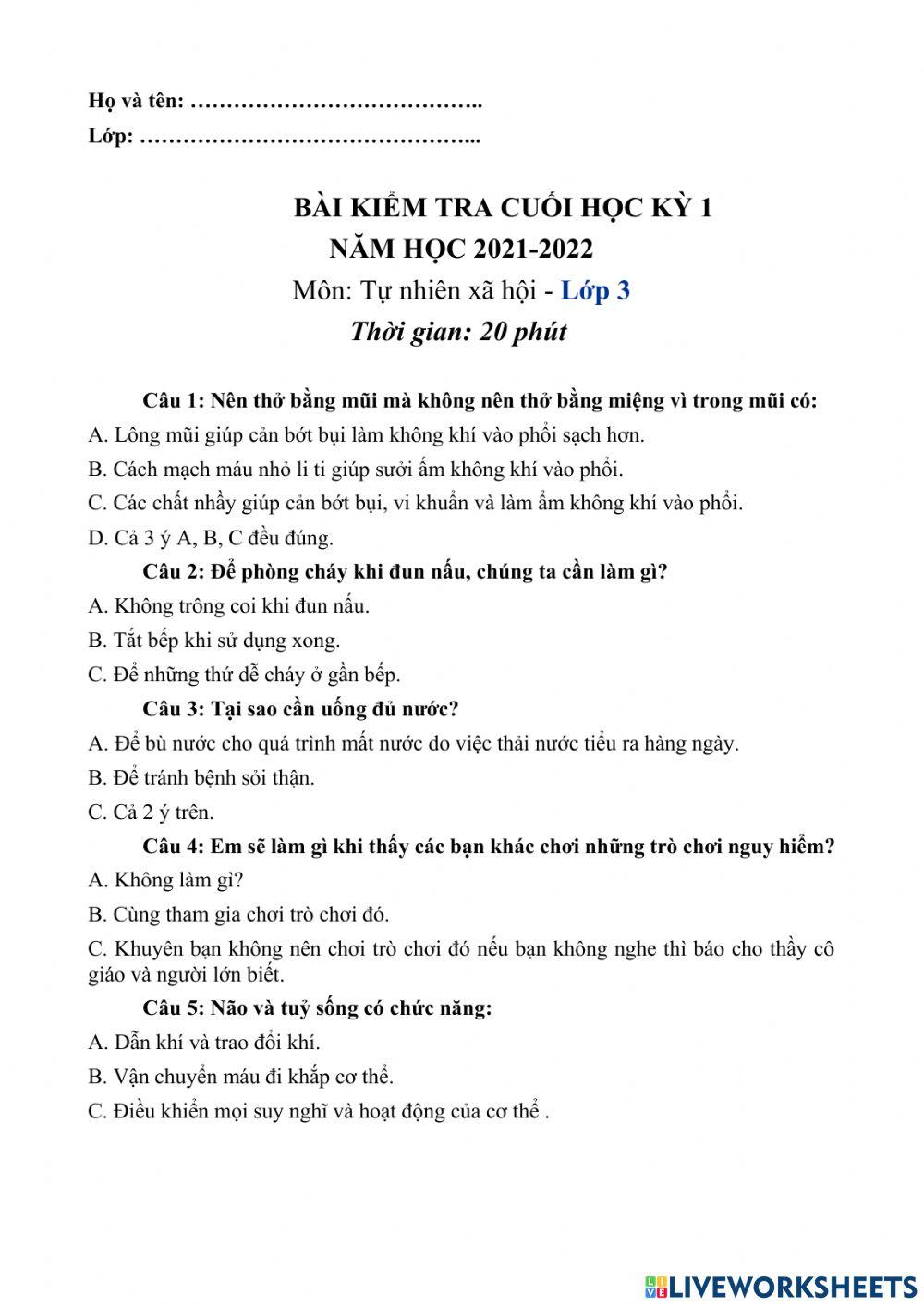 Khảo sát cuối kỳ 1 môn tnxh