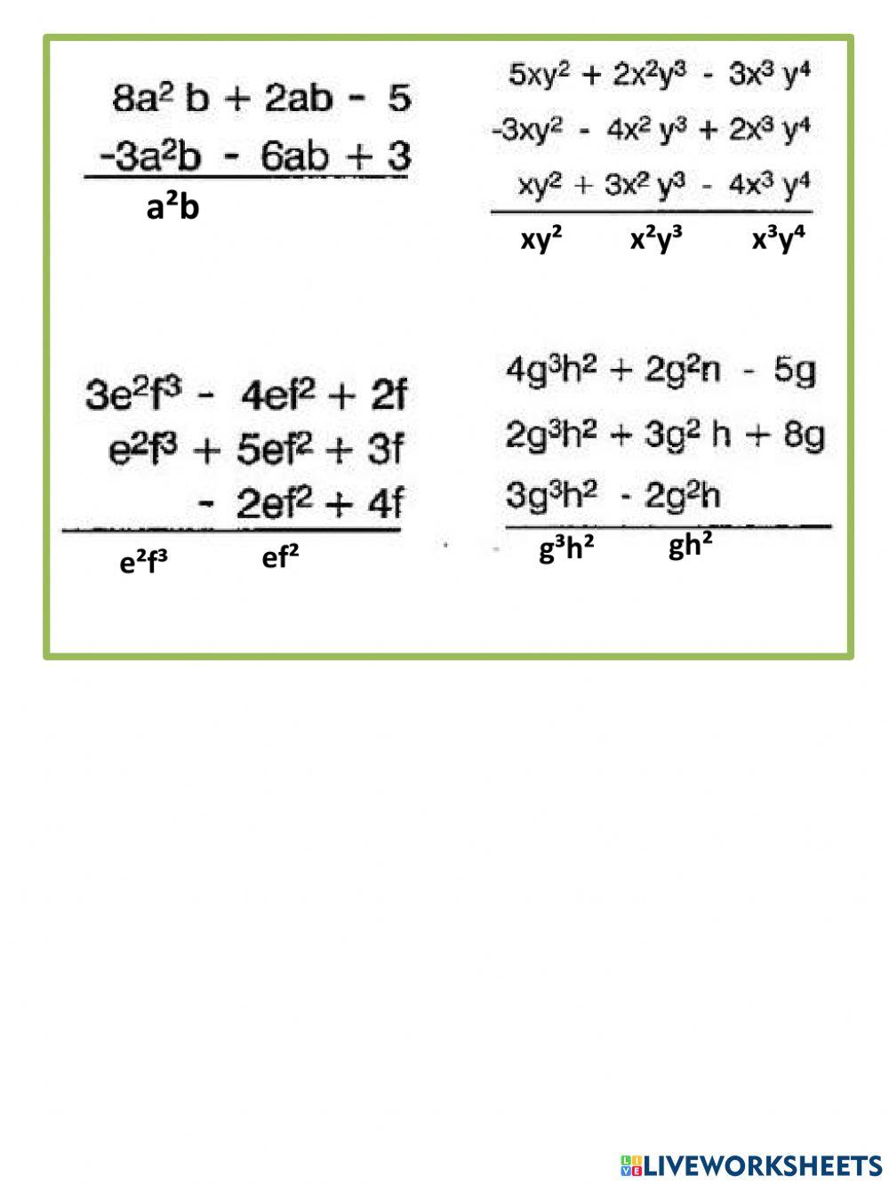 Adición de monomios y polinomios