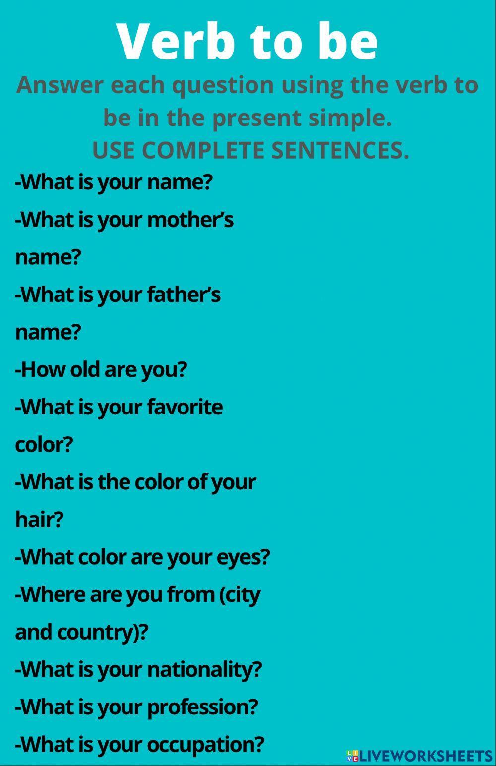 Uses of the verb to be worksheet