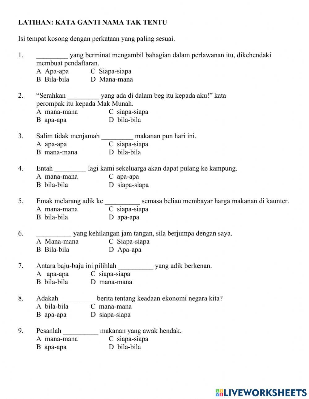 Latihan Kata Ganti Nama Tak Tentu worksheet | Live Worksheets