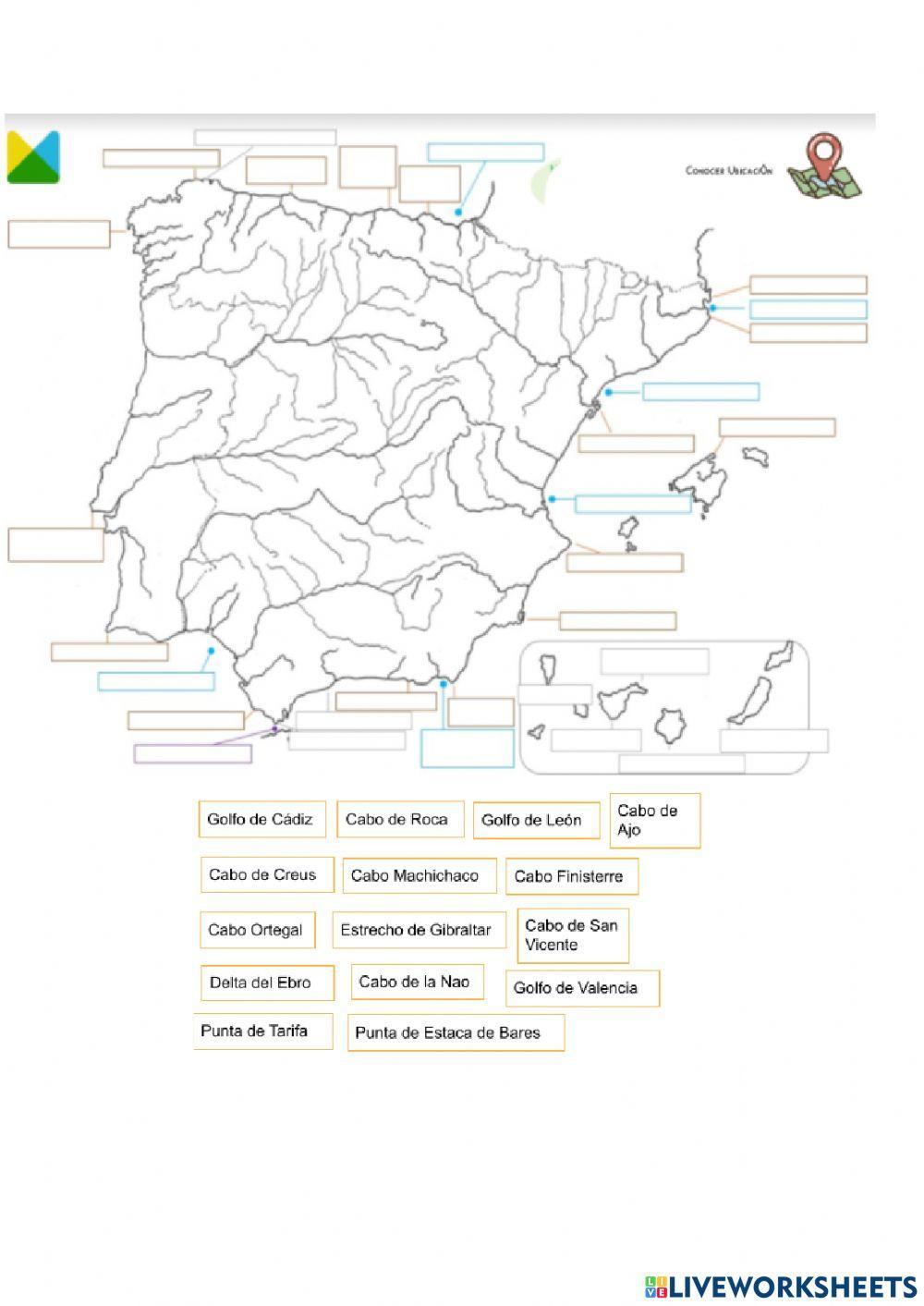 Mapa ríos, montañas, cabos y golfos de España